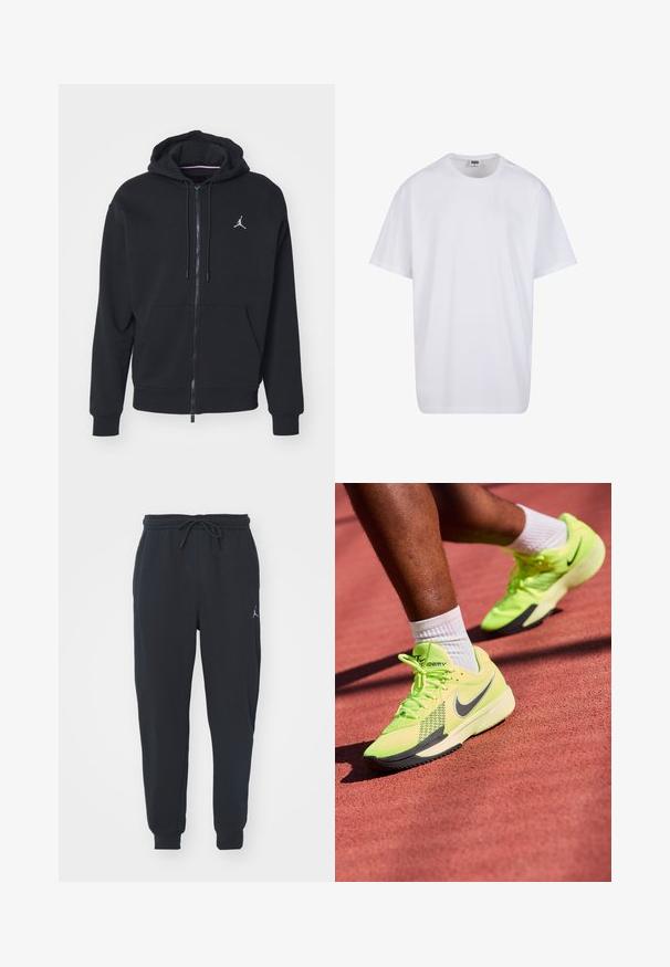 Fekete, cipzáros kapucnis pulóver, puha anyagból készült, elöl zsebes kialakítással, bordázott mandzsettákkal és fehér hímzett logóval a mellkasán.; Fehér pamut póló rövid ujjal, kerek nyakú, laza szabású, és nincsenek látható logók vagy minták. Simább textúra és minimalista dizájn.; Fekete jogger nadrág puha anyagból, hajlékony derékkal és zsinórral, bordás mandzsettákkal és kis logóval a bal combon.; Neon sárga Nike sportcipők, texturált hálós felsőrész, fekete részletekkel és vastag fehér talppal, egy piros futószínen.