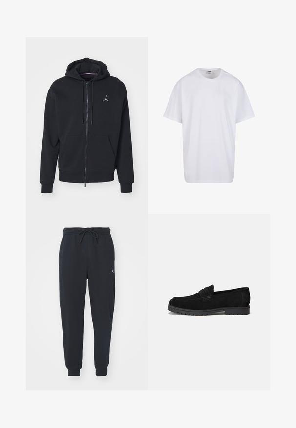 Crna zip-jakna napravljena od mekog materijala, s kenguruljom džepom, rebrastim manžetama i bijelim vezivnim logotipom na prsima.; Bijela pamučna majica s kratkim rukavima, zaobljenim izrezom, opuštenog kroja, bez vidljivih logotipa ili uzoraka. Glatka tekstura i minimalni dizajn.; Crne trenerke od mekog materijala, sa elastičnim pojasom i uzicom, rebrastim manžetama i malim logotipom na lijevom bedru.; Crne nubuk mokasine s zaobljenim vrhom i ušivenim detaljem sprijeda. Guma potplat s vidljivim utorima za bolju prionljivost.