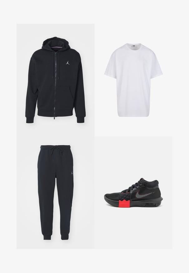 Svart hettegenser med glidelås laget av myk stoff, har kenguru-lomme, ribbede mansjetter og en hvit brodert logo på brystet.; Hvit bomull t-skjorte med korte ermer, rund utringning, avslappet passform, og ingen synlige logoer eller mønstre. Glatt tekstur og minimalistisk design.; Svart joggebukse laget av myk stoff, med elastisk midje med snøring, ribbede mansjetter og en liten logo på venstre lår.; Sorte treningssko med mesh-overdel, røde detaljer på mellomsålen, og en synlig luftenhet. Har strukturerte sidepaneler og snørebånd.