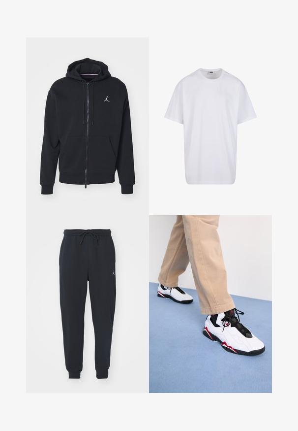 Čierna zip-up mikina vyrobená z mäkkej tkaniny, s kengurou vreckom, rebrovanými manžetami a bielym vyšitým logom na hrudi.; Biela bavlnená tričko s krátkymi rukávmi, okrúhlym výstrihom, uvoľneným strihom a žiadnymi viditeľnými logami alebo vzormi. Hladká textúra a minimálny dizajn.; Čierne jogger nohavice z mäkkej tkaniny, vybavené elastickým pásom s šnúrkou, ribbovanými manžetami a malým logom na ľavom stehne.; Biele športové tenisky s čiernymi a červenými akcentmi, s hladkým zvrškom a textúrovanou sieťovinou, skombinované so svetlo béžovými nohavicami.