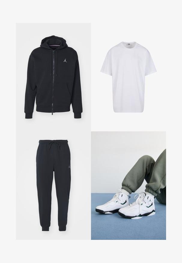 Svart zip-up hoodie tillverkad av mjukt tyg, med en känguruficka, ribbade ärmar och en vit broderad logga på bröstet.; Vit bomull t-shirt med korta ärmar, rundad halsringning, avslappnad passform och utan synliga logotyper eller mönster. Slät textur och minimal design.; Svarta joggarbyxor av mjukt material, med elastisk midja samt snörning, ribbade muddarna och en liten logotyp på vänster lår.; Jordan JORDAN TRUE FLIGHT - Höga sneakers - white/black/oxidized green