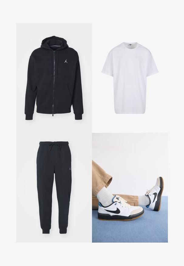 Must mustri zipperiga kapuutsiga, mis on valmistatud pehmest kangast, kangaroo taskuga, ribareitega mansettide ja valge tikitud logoga rinnal.; Valge puuvillane t-särk lühikeste varrukatega, ümmarguse kaelusega, lõdva lõikega ja ilma nähtavate logodeta või mustriteta. Sile tekstuur ja minimaalne disain.; Mustad mustadelsid, mis on valmistatud pehmest kangast, kummiga vöökoha ja nööriga, ribakätked ning väike logo vasakul reiel.; Valged ja mustad Nike spordijalatsid siniste aktsentidega, sileda nahast pealisega, kummist tallaga ja nööbiga kinnitusega. Heledat hallid sokid ja beežid püksid.