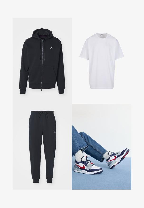 Must mustri zipperiga kapuutsiga, mis on valmistatud pehmest kangast, kangaroo taskuga, ribareitega mansettide ja valge tikitud logoga rinnal.; Valge puuvillane t-särk lühikeste varrukatega, ümmarguse kaelusega, lõdva lõikega ja ilma nähtavate logodeta või mustriteta. Sile tekstuur ja minimaalne disain.; Mustad mustadelsid, mis on valmistatud pehmest kangast, kummiga vöökoha ja nööriga, ribakätked ning väike logo vasakul reiel.; Nike tossud, millel on valge ja tumesinine pealmine osa, punased aktsendid, hallid mustrilised osad ja jäme valge tallaga, kombineeritud siniste teksade ja valgete sokkidega.