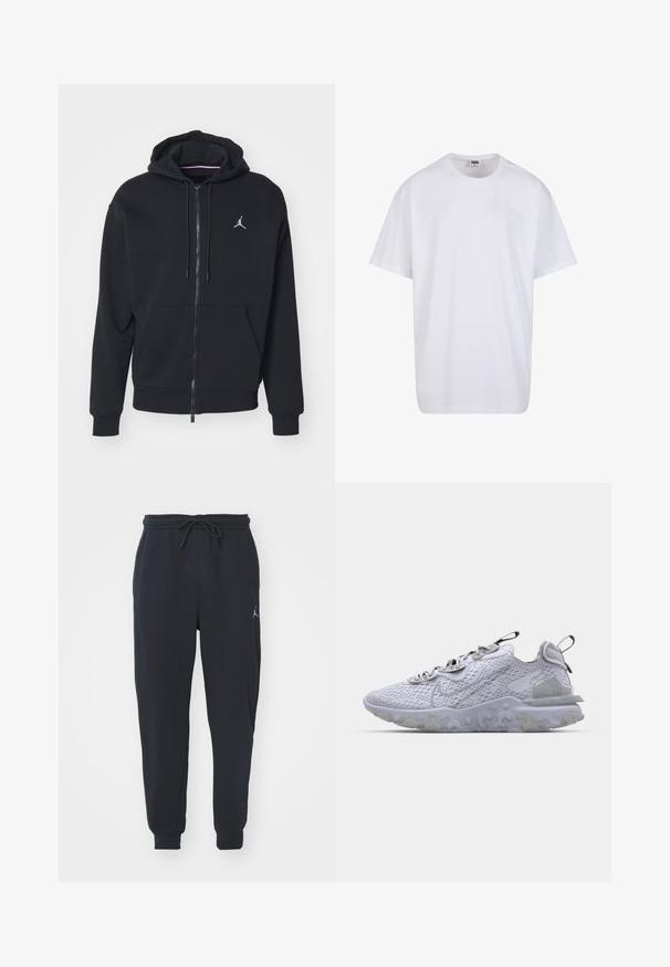 Hoodie noir à zip fabriqué en tissu doux, avec une poche kangourou, des poignets côtelés et un logo brodé blanc sur la poitrine.; T-shirt en coton blanc avec des manches courtes, un col rond, une coupe décontractée et sans logos ni motifs visibles. Texture lisse et design minimaliste.; Pantalons de jogging noirs en tissu doux, dotés d'une taille élastique avec un cordon de serrage, de poignets côtelés et d'un petit logo sur la cuisse gauche.; Baskets de sport gris clair avec une tige en mesh respirant, semelle en caoutchouc texturé et accents réfléchissants. Présente un col rembourré et un design à lacets.