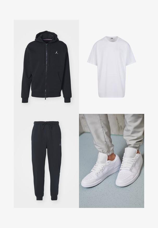 Černá zipová mikina vyrobená z měkké látky, se klokaní kapsou, ribbed manžetami a bílým vyšitým logem na hrudi.; Bílé triko z bavlny s krátkým rukávem, kulatým výstřihem, volným střihem a bez viditelných log či vzorů. Hladká textura a minimalistický design.; Černé teplákové kalhoty vyrobené z měkké tkaniny, s elastickým pasem na šňůrku, žebrovanými manžetami a malým logem na levém stehně.; Bílé kožené tenisky mají perforovanou špičku, ploché tkaničky, polstrovaný límec a logo Jordana na jazyku. Nosené s šedými tepláky.