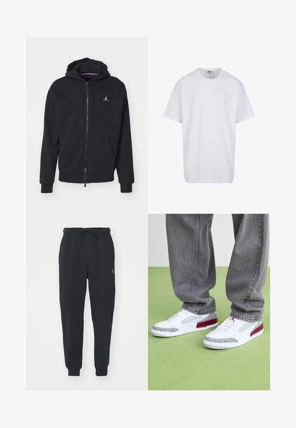 Melnas ar rāvējslēdzēju kapucēta jaka, izgatavota no mīksta auduma, ar kangaru kabatu, ribinātām piedurknēm un baltu izšūtu logo uz krūtīm.; Balta kokvilnas T-kreklu ar īsām piedurknēm, apaļu kakla izgriezumu, brīvu piegriezumu un bez redzamām logo vai rakstiem. Gluda tekstūra un minimālistisks dizains.; Melnas sporta bikses, kas izgatavotas no mīkstas auduma, ar elastīgu jostu ar auklu, ribotām piedurknēm un mazu logotipu kreisajā augšstilbā.; Jordan JORDAN SPIZIKE - Treniņu apavi - white/team red/wolf grey/anthracite