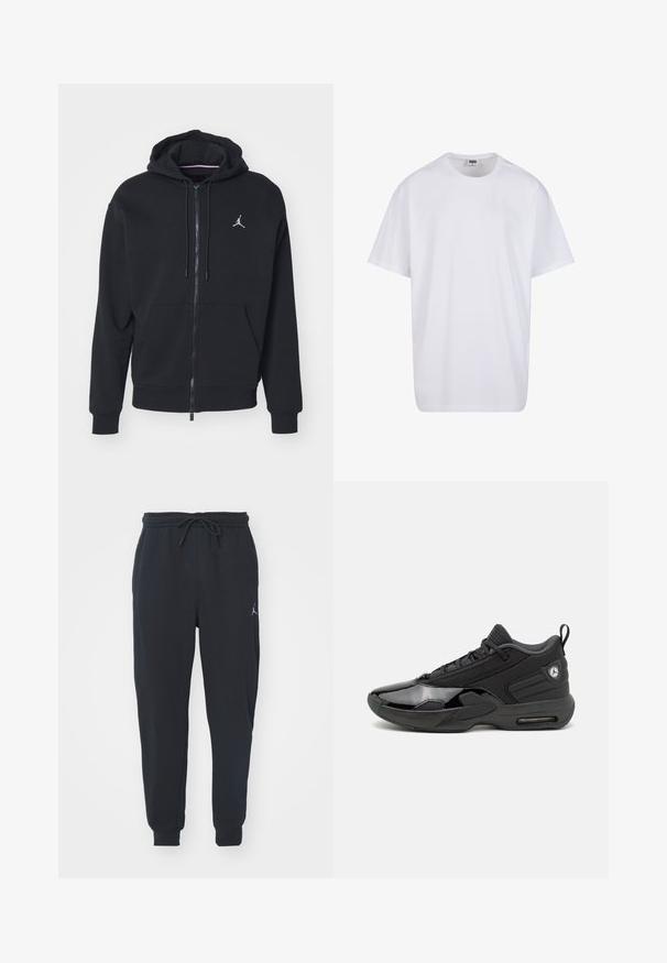 Must mustri zipperiga kapuutsiga, mis on valmistatud pehmest kangast, kangaroo taskuga, ribareitega mansettide ja valge tikitud logoga rinnal.; Valge puuvillane t-särk lühikeste varrukatega, ümmarguse kaelusega, lõdva lõikega ja ilma nähtavate logodeta või mustriteta. Sile tekstuur ja minimaalne disain.; Mustad mustadelsid, mis on valmistatud pehmest kangast, kummiga vöökoha ja nööriga, ribakätked ning väike logo vasakul reiel.; Jordan JORDAN MAX AURA 6 - Tossud - black/anthracite
