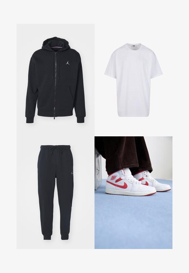 Black zip-up hoodie made from soft fabric, featuring a kangaroo pocket, ribbed cuffs, and a white embroidered logo on the chest.; White cotton t-shirt with short sleeves, rounded neckline, relaxed fit, and no visible logos or patterns. Smooth texture and minimal design.; Black jogger pants made of soft fabric, featuring an elastic waistband with a drawstring, ribbed cuffs, and a small logo on the left thigh.; High-top sneakers in white leather with red accents, featuring a circular logo and textured sole, paired with brown corduroy pants.