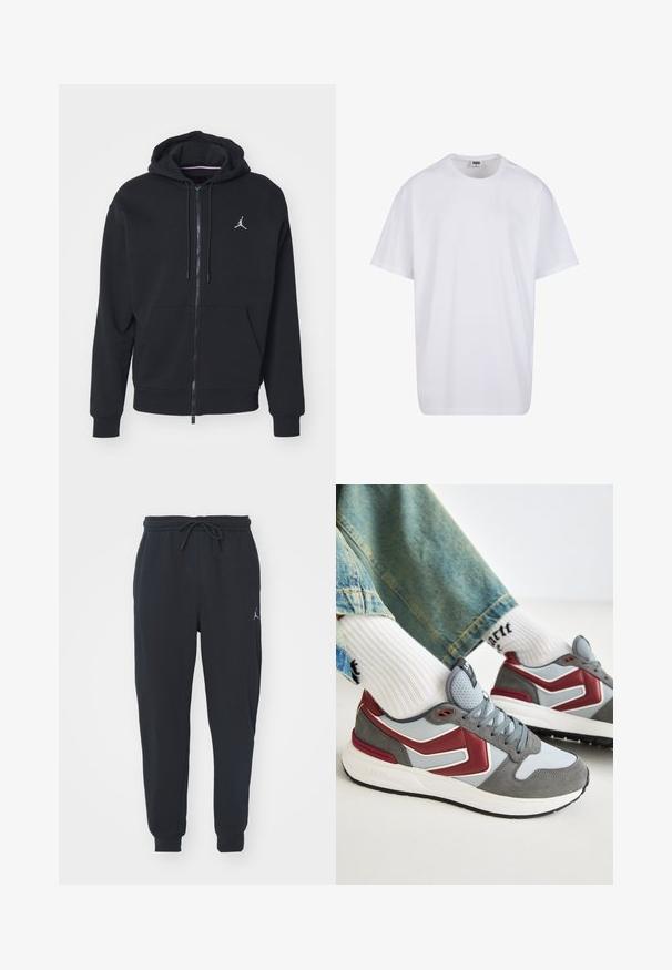 Melnas ar rāvējslēdzēju kapucēta jaka, izgatavota no mīksta auduma, ar kangaru kabatu, ribinātām piedurknēm un baltu izšūtu logo uz krūtīm.; Balta kokvilnas T-kreklu ar īsām piedurknēm, apaļu kakla izgriezumu, brīvu piegriezumu un bez redzamām logo vai rakstiem. Gluda tekstūra un minimālistisks dizains.; Melnas sporta bikses, kas izgatavotas no mīkstas auduma, ar elastīgu jostu ar auklu, ribotām piedurknēm un mazu logotipu kreisajā augšstilbā.; Sporta apavi ar pelēku zamšu un sieta augšdaļu, sarkaniem akcentiem un mīkstu baltu zoli. Daļēji redzamas ribotas baltas zeķes.