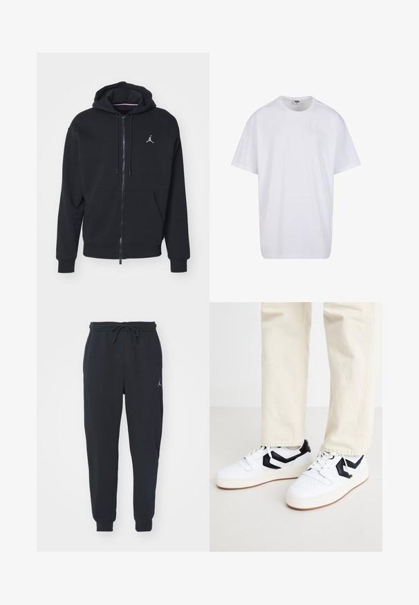 Fekete, cipzáros kapucnis pulóver, puha anyagból készült, elöl zsebes kialakítással, bordázott mandzsettákkal és fehér hímzett logóval a mellkasán.; Fehér pamut póló rövid ujjal, kerek nyakú, laza szabású, és nincsenek látható logók vagy minták. Simább textúra és minimalista dizájn.; Fekete jogger nadrág puha anyagból, hajlékony derékkal és zsinórral, bordás mandzsettákkal és kis logóval a bal combon.; Fehér sneaker fekete geometrikus mintával, textúrált felsőrésszel és egy vaskos fehér talppal, világosbarna profillal.