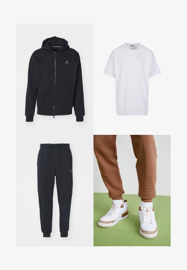 Fekete, cipzáros kapucnis pulóver, puha anyagból készült, elöl zsebes kialakítással, bordázott mandzsettákkal és fehér hímzett logóval a mellkasán.; Fehér pamut póló rövid ujjal, kerek nyakú, laza szabású, és nincsenek látható logók vagy minták. Simább textúra és minimalista dizájn.; Fekete jogger nadrág puha anyagból, hajlékony derékkal és zsinórral, bordás mandzsettákkal és kis logóval a bal combon.; Fehér magasszárú sportcipő, barna részletekkel és mintás középtalppal, Sötétbarna, testhezálló jogger nadrág párosítva egy zöld felületen.
