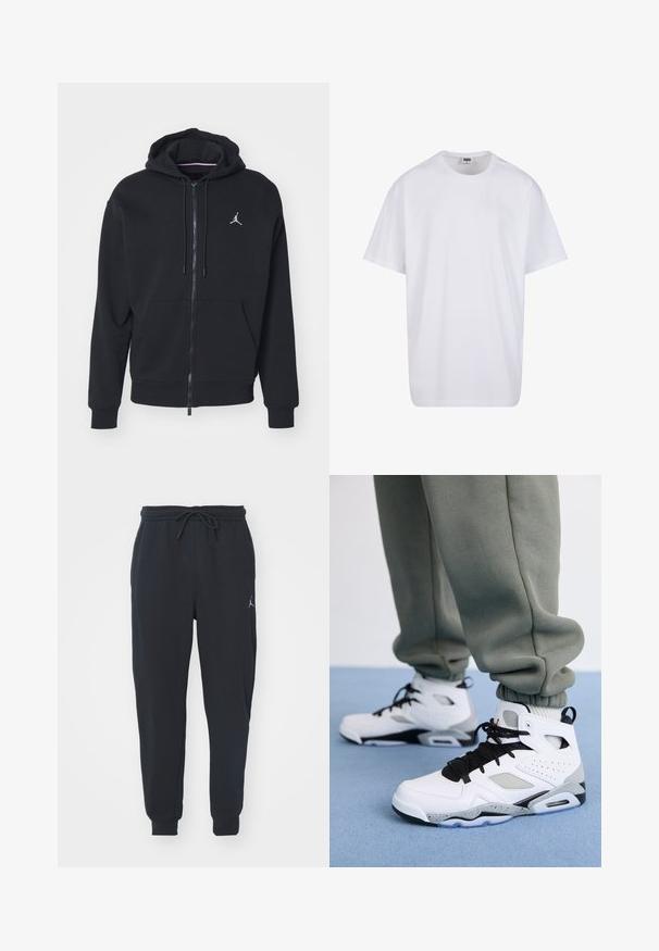 Black zip-up hoodie made from soft fabric, featuring a kangaroo pocket, ribbed cuffs, and a white embroidered logo on the chest.; White cotton t-shirt with short sleeves, rounded neckline, relaxed fit, and no visible logos or patterns. Smooth texture and minimal design.; Black jogger pants made of soft fabric, featuring an elastic waistband with a drawstring, ribbed cuffs, and a small logo on the left thigh.; Jordan JORDAN FLIGHT CLUB '91 - High-top trainers - white/gym red/black/matte silver