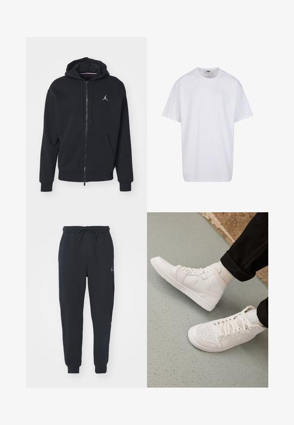 Črna zip-up kapuca iz mehkega materiala, z kenguru žepom, rebrastimi rokavi in belim vezenim logotipom na prsih.; Bela bombažna majica s kratkimi rokavi, okroglim izrezom, sproščenim krojem in brez vidnih logotipov ali vzorcev. Gladka tekstura in minimalen dizajn.; Črne trenirke iz mehkega materiala, z elastičnim pasom in vrvico, naborki na robovih in manjšim logotipom na levi stegn.; Bele visoke superge iz gladkega usnja s perforiranim prstom, zavezovanjem in diskretnim logotipom na strani. Teksturiran gumijast podplat.