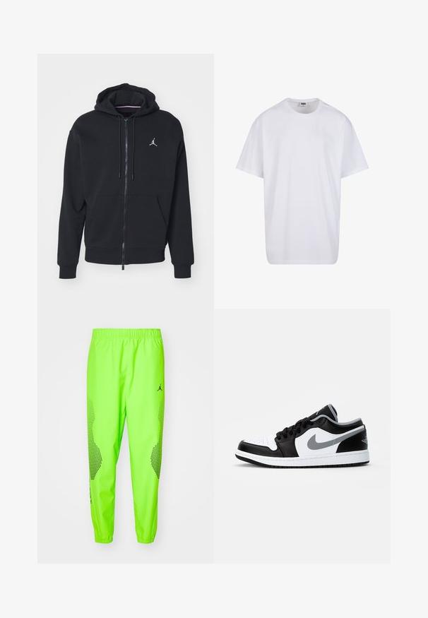 Črna zip-up kapuca iz mehkega materiala, z kenguru žepom, rebrastimi rokavi in belim vezenim logotipom na prsih.; Bela bombažna majica s kratkimi rokavi, okroglim izrezom, sproščenim krojem in brez vidnih logotipov ali vzorcev. Gladka tekstura in minimalen dizajn.; Neon zelene športne hlače z elastičnim pasom, ki imajo črn Jordanov logotip in pikčaste vzorce na straneh.; Jordan AIR JORDAN 1 LOW - Športni copati - black/particle grey-white