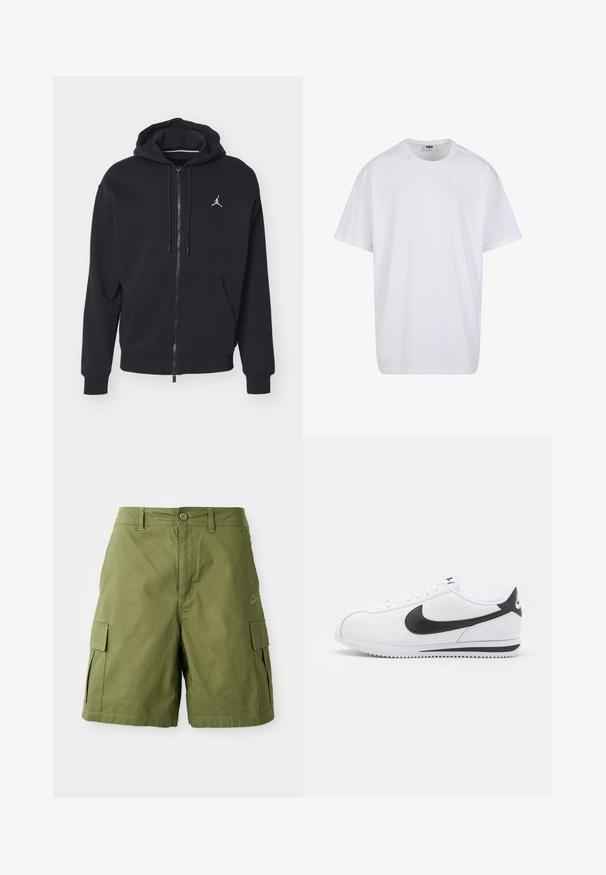 Svart hettegenser med glidelås laget av myk stoff, har kenguru-lomme, ribbede mansjetter og en hvit brodert logo på brystet.; Hvit bomull t-skjorte med korte ermer, rund utringning, avslappet passform, og ingen synlige logoer eller mønstre. Glatt tekstur og minimalistisk design.; Grønne cargo-shorts laget av lett stoff, med frontlukkeknapp, sidelommer og et subtilt rutemønster. Nike-logo på siden.; Hvite skinnsneakers med svart Nike-svung, flate lisser og strukturert gummisåle. Rund tå og polstret krage for komfort.