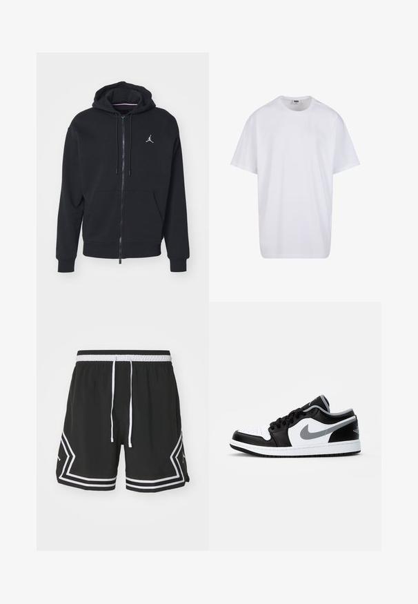 Mustapaita, jossa on vetoketju ja pehmeä kangas, varustettu kengurupussilla, ribattuilla hihansuilla ja valkoisella brodeeratulla logolla rinnassa.; Valkoinen puuvillainen t-paita, jossa on lyhyet hihat, pyöreä kaula-aukko, rento istuvuus ja ei näkyviä logoja tai kuvioita. Sileä pinta ja minimaalinen muotoilu.; Jordan M J DF SPRT WVN DMND - Urheilushortsit - black/white; Jordan AIR JORDAN 1 LOW - Matalavartiset tennarit - black/particle grey-white