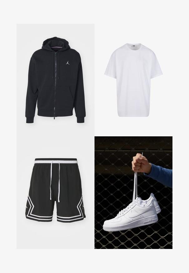 Must mustri zipperiga kapuutsiga, mis on valmistatud pehmest kangast, kangaroo taskuga, ribareitega mansettide ja valge tikitud logoga rinnal.; Valge puuvillane t-särk lühikeste varrukatega, ümmarguse kaelusega, lõdva lõikega ja ilma nähtavate logodeta või mustriteta. Sile tekstuur ja minimaalne disain.; Jordan M J DF SPRT WVN DMND - Spordišortsid - black/white; Valged nahast tennisetossud, millel on perforatsioonid, ümar nina, lame tallus ja paksud nöörid, nähtava swooshi logoga ja "AIR" kontsadel.