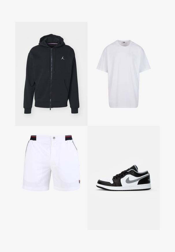 Mustapaita, jossa on vetoketju ja pehmeä kangas, varustettu kengurupussilla, ribattuilla hihansuilla ja valkoisella brodeeratulla logolla rinnassa.; Valkoinen puuvillainen t-paita, jossa on lyhyet hihat, pyöreä kaula-aukko, rento istuvuus ja ei näkyviä logoja tai kuvioita. Sileä pinta ja minimaalinen muotoilu.; Valkoiset urheilushortsit, joissa on musta ja punainen joustava vyötärö, etutaskut ja Fila-logo alhaalla oikealla puolella. Sileä kangastuntu.; Jordan AIR JORDAN 1 LOW - Matalavartiset tennarit - black/particle grey-white