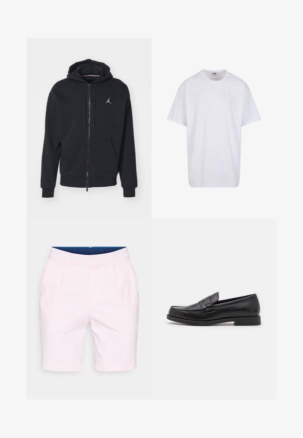 Črna zip-up kapuca iz mehkega materiala, z kenguru žepom, rebrastimi rokavi in belim vezenim logotipom na prsih.; Bela bombažna majica s kratkimi rokavi, okroglim izrezom, sproščenim krojem in brez vidnih logotipov ali vzorcev. Gladka tekstura in minimalen dizajn.; Svetlo roza kratke hlače z gladko teksturo, ravnega kroja, s prednjimi gubami, pasom z usnjicami in modrim notranjim podlogo.; Črne usnjene loafer čevlje s sleek oblikovanjem, zaobljenim prstom, šivnimi detajli in nizko blok peto. Gladka tekstura in minimalni dodatki.