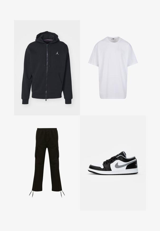 Schwarze Zip-Hoodie aus weichem Stoff, mit einer Kängurutasche, gerippten Bündchen und einem weißen gestickten Logo auf der Brust.; Weiße Baumwoll-T-Shirt mit kurzen Ärmeln, rundem Ausschnitt, lockerer Passform und ohne sichtbare Logos oder Muster. Glatte Textur und minimalistisches Design.; Schwarze Cargo-Hose mit elastischem Bund, seitlichen Taschen und Kordeln am Saum; aus einem leichten Stoff mit glatter Textur gefertigt.; Jordan AIR JORDAN 1 LOW - Sneaker low - black/particle grey-white