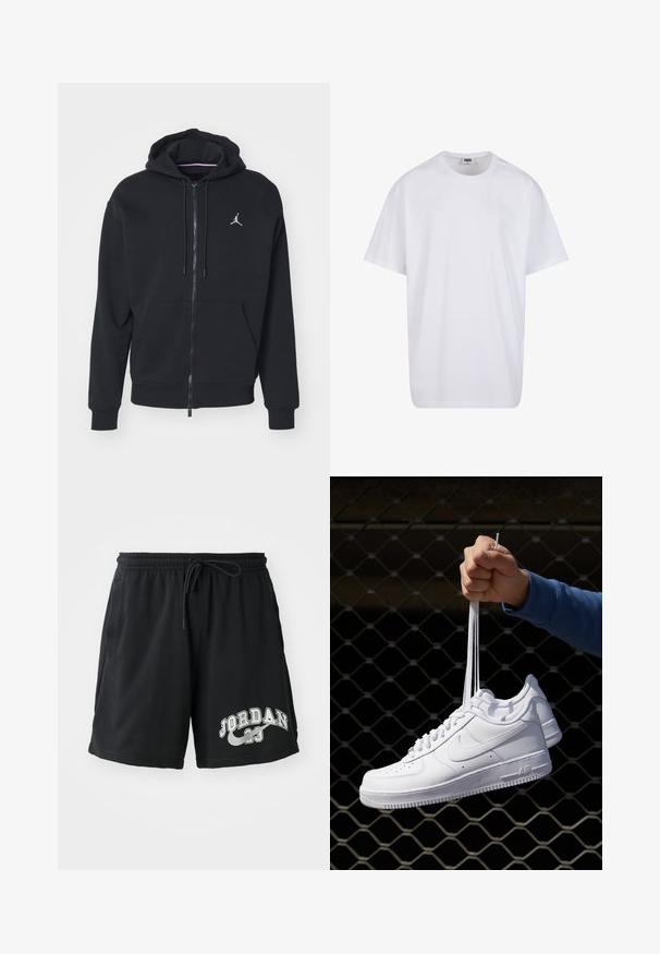 Čierna zip-up mikina vyrobená z mäkkej tkaniny, s kengurou vreckom, rebrovanými manžetami a bielym vyšitým logom na hrudi.; Biela bavlnená tričko s krátkymi rukávmi, okrúhlym výstrihom, uvoľneným strihom a žiadnymi viditeľnými logami alebo vzormi. Hladká textúra a minimálny dizajn.; Čierne atletické šortky z bavlny s elastickým pásom, sťahovacou šnúrkou a tlačeným logom "JORDAN 23" v bielej farbe v dolnom ľavom rohu.; Biele kožené tenisky s perforáciami, okrúhlou špičkou, plochou podrážkou a hrubými šnúrkami, pričom majú viditeľné logo swoosh a nápis "AIR" na päte.