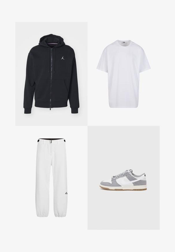 Black zip-up hoodie made from soft fabric, featuring a kangaroo pocket, ribbed cuffs, and a white embroidered logo on the chest.; White cotton t-shirt with short sleeves, rounded neckline, relaxed fit, and no visible logos or patterns. Smooth texture and minimal design.; White pants with a fitted waist, two metallic buttons, and elastic cuffs. Features a triangle logo on the left leg. Smooth fabric texture.; Gray and white sneaker with a suede and leather upper, rounded toe, flat laces, and a rubber sole featuring a gum accent.