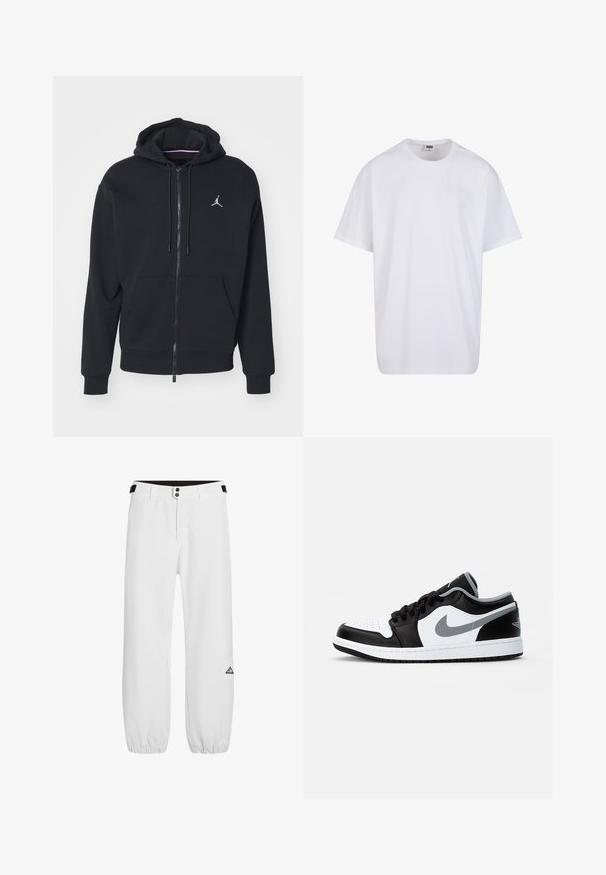 Czarna hoodie na zamek wykonana z miękkiego materiału, z kieszenią kangurką, prążkowanymi mankietami i białym wyhaftowanym logo na piersi.; Biała bawełniana koszulka z krótkimi rękawami, okrągłym dekoltem, luźnym krojem i bez widocznych logo lub wzorów. Gładka tekstura i minimalistyczny design.; Białe spodnie z dopasowanym pasem, dwoma metalowymi guzikami i elastycznymi mankietami. Posiadają trójkątne logo na lewej nogawce. Gładka struktura materiału.; Jordan AIR JORDAN 1 czarny
