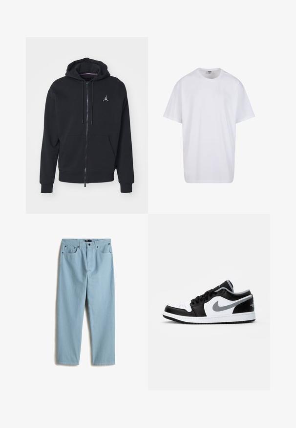 Svart zip-up hoodie tillverkad av mjukt tyg, med en känguruficka, ribbade ärmar och en vit broderad logga på bröstet.; Vit bomull t-shirt med korta ärmar, rundad halsringning, avslappnad passform och utan synliga logotyper eller mönster. Slät textur och minimal design.; Ljust blå, raka jeans med fem fickor, subtil kontrastsömnad och en märkesetikett på midjan.; Jordan AIR JORDAN 1 LOW - Sneakers - black/particle grey-white