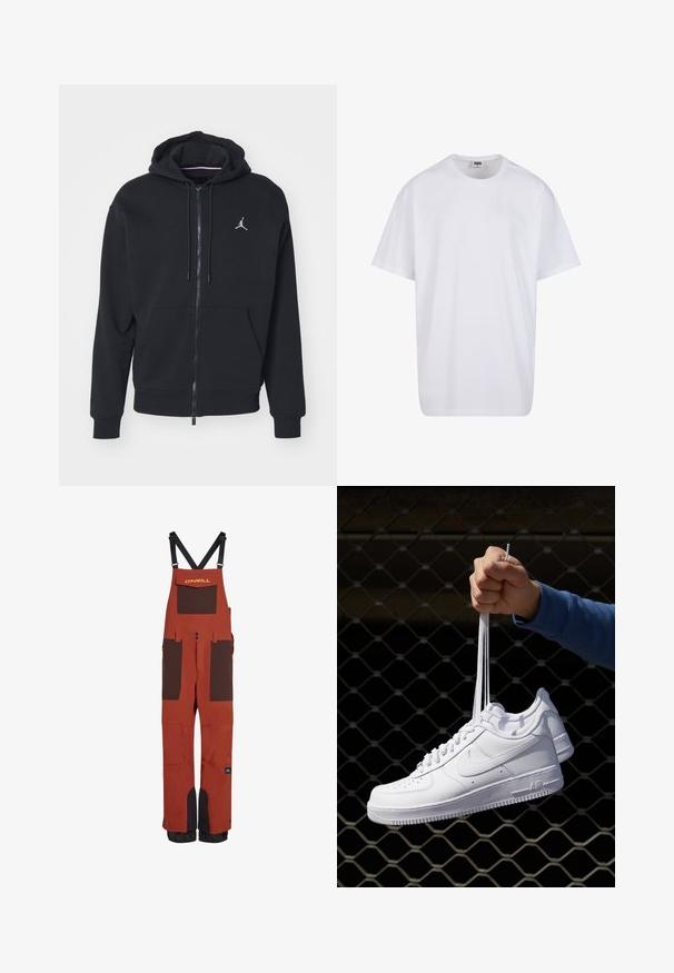 Hoodie noir à zip fabriqué en tissu doux, avec une poche kangourou, des poignets côtelés et un logo brodé blanc sur la poitrine.; T-shirt en coton blanc avec des manches courtes, un col rond, une coupe décontractée et sans logos ni motifs visibles. Texture lisse et design minimaliste.; Salopettes imperméables rouges avec détails marron, bretelles ajustables, plusieurs poches et poignets renforcés pour plus de durabilité.; Baskets en cuir blanc avec perforations, à bout rond, semelle plate et lacets épais, arborant un logo swoosh visible et "AIR" sur le talon.