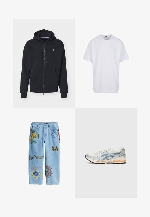 Crna zip-jakna napravljena od mekog materijala, s kenguruljom džepom, rebrastim manžetama i bijelim vezivnim logotipom na prsima.; Bijela pamučna majica s kratkim rukavima, zaobljenim izrezom, opuštenog kroja, bez vidljivih logotipa ili uzoraka. Glatka tekstura i minimalni dizajn.; Plave traperice s raznim šarenim vezom, uključujući tigra, zmiju i geometrijske uzorke. Ravni kroj.; Trkaća cipela s laganim mrežastim gornjim dijelom s srebrnim i plavim detaljima, udobnom bež srednjom sole i izdržljivim crnim gumiranim potplatom.