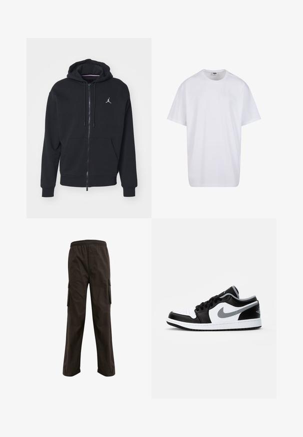 Felpa nera con zip realizzata in tessuto morbido, con tasca a marsupio, polsini a costine e un logo ricamato bianco sul petto.; Maglietta bianca in cotone con maniche corte, scollatura rotonda, vestibilità comoda e senza loghi o motivi visibili. Texture liscia e design minimale.; Pantaloni cargo marroni con un elastico in vita, tasche laterali e una vestibilità ampia. Realizzati in un tessuto durevole con una superficie liscia.; Jordan AIR JORDAN 1 LOW - Sneakers basse - black/particle grey-white