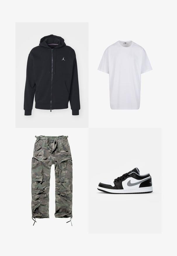 Černá zipová mikina vyrobená z měkké látky, se klokaní kapsou, ribbed manžetami a bílým vyšitým logem na hrudi.; Bílé triko z bavlny s krátkým rukávem, kulatým výstřihem, volným střihem a bez viditelných log či vzorů. Hladká textura a minimalistický design.; Maskovací cargo kalhoty v zelené a šedé barvě, s více kapsami, elastickým pasem, nastavitelnými manžetami na kotnících a volným střihem.; Jordan AIR JORDAN 1 LOW - Tenisky - black/particle grey-white