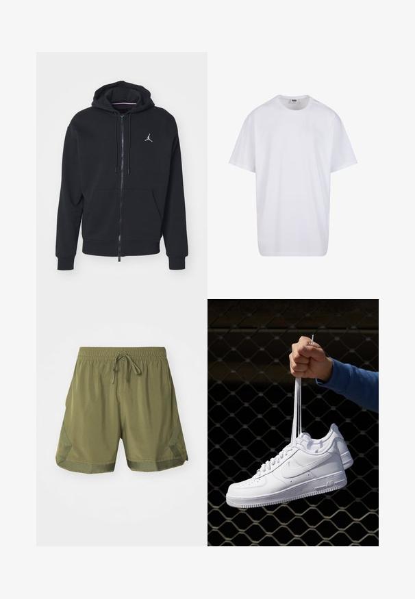 Juodas užtrauktukas džemperis, pagamintas iš minkštos medžiagos, su kengūros tipo kišene, didelėmis rankogaliais ir balta išsiuvinėta logotipu ant krūtinės.; Balta medvilninė marškinėlių užsagėlė su trumpomis rankovėmis, apvaliu kaklu, laisva forma ir be matomų logotipų ar raštų. Lygi tekstūra ir minimalus dizainas.; Jordan M J DF SPRT WVN DMND - Sportiniai šortai - medium olive; Balti odiniai sportiniai bateliai su perforacijomis, apvalia nosimi, plokščiu padu ir storomis raištelėmis, su matomu swoosh logotipu ir "AIR" ant kulno.