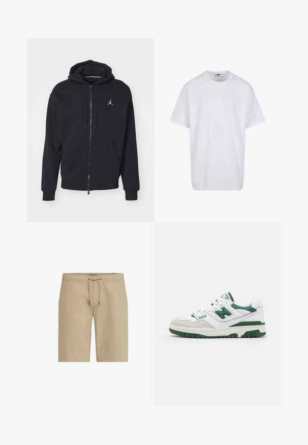 Felpa nera con zip realizzata in tessuto morbido, con tasca a marsupio, polsini a costine e un logo ricamato bianco sul petto.; Maglietta bianca in cotone con maniche corte, scollatura rotonda, vestibilità comoda e senza loghi o motivi visibili. Texture liscia e design minimale.; Pantaloni corti beige realizzati in tessuto morbido, con vita elasticizzata e coulisse, dotati di tasche laterali e caratterizzati da un taglio dritto.; Scarpa sportiva bianca con accenti verdi, in pelle e camoscio testurizzati, dettagli perforati, colletto imbottito e suola in gomma. Numero di modello 550.