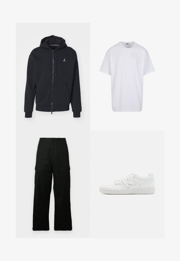 Black zip-up hoodie made from soft fabric, featuring a kangaroo pocket, ribbed cuffs, and a white embroidered logo on the chest.; White cotton t-shirt with short sleeves, rounded neckline, relaxed fit, and no visible logos or patterns. Smooth texture and minimal design.; Black cargo pants made from a durable fabric, featuring a wide-leg design, multiple side pockets, and a straight cut.; White sneaker made of smooth leather, featuring perforated toe, a textured rubber sole, flat laces, and a prominent 'N' logo on the side.