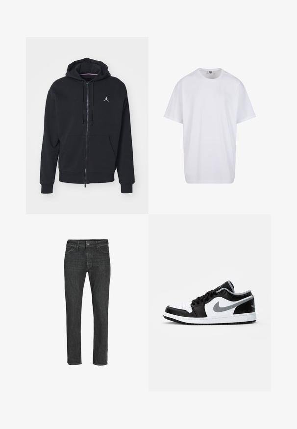 Svart zip-up hoodie tillverkad av mjukt tyg, med en känguruficka, ribbade ärmar och en vit broderad logga på bröstet.; Vit bomull t-shirt med korta ärmar, rundad halsringning, avslappnad passform och utan synliga logotyper eller mönster. Slät textur och minimal design.; Svarta denimjeans med rak passform, som har en klassisk femfickdesign, framknappsstängning och subtilt blekt mönster.; Jordan AIR JORDAN 1 LOW - Sneakers - black/particle grey-white