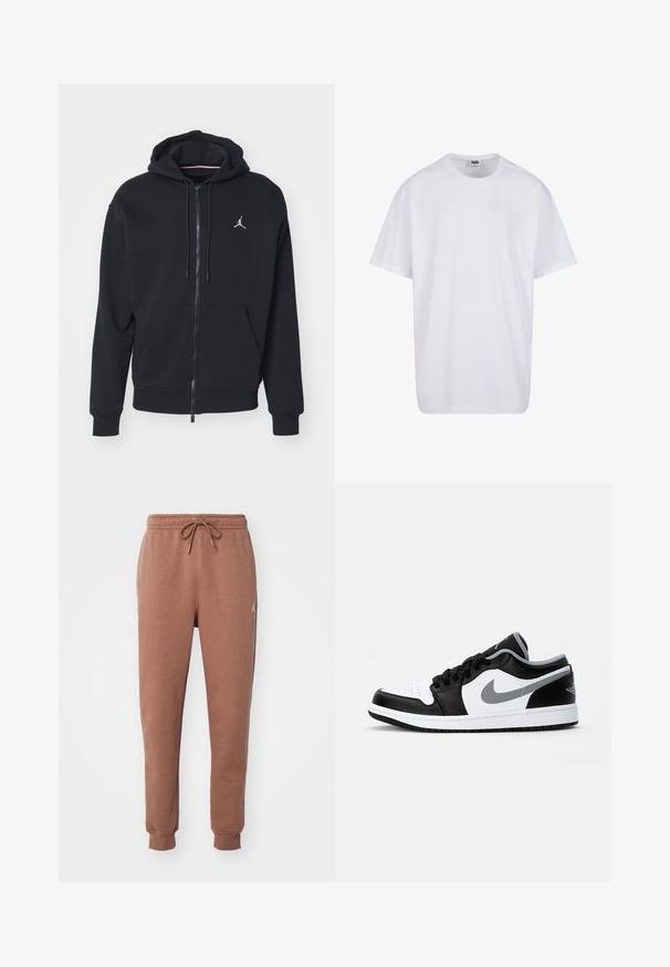 Svart hettegenser med glidelås laget av myk stoff, har kenguru-lomme, ribbede mansjetter og en hvit brodert logo på brystet.; Hvit bomull t-skjorte med korte ermer, rund utringning, avslappet passform, og ingen synlige logoer eller mønstre. Glatt tekstur og minimalistisk design.; Brune joggebukser laget av myk jersey materiale. Har elastisk midje med snor og mansjetter ved anklene. Hvit logoakcent.; Jordan AIR JORDAN 1 LOW - Joggesko - black/particle grey-white