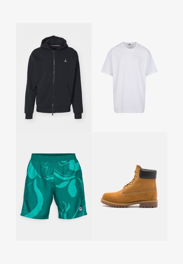 Mustapaita, jossa on vetoketju ja pehmeä kangas, varustettu kengurupussilla, ribattuilla hihansuilla ja valkoisella brodeeratulla logolla rinnassa.; Valkoinen puuvillainen t-paita, jossa on lyhyet hihat, pyöreä kaula-aukko, rento istuvuus ja ei näkyviä logoja tai kuvioita. Sileä pinta ja minimaalinen muotoilu.; Fila SHORTS LEO - Urheilushortsit - aventurine; Valkoinen nahkainen nilkkuri mustalla pehmustetulla kauluksella, kultaisilla metallisilla rei'illä, valkoisella ompeluksella ja jykevällä kumipohjalla, jossa on selvästi näkyvät urat.