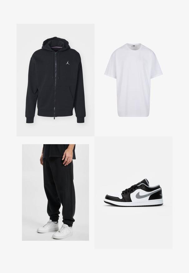 Black zip-up hoodie made from soft fabric, featuring a kangaroo pocket, ribbed cuffs, and a white embroidered logo on the chest.; White cotton t-shirt with short sleeves, rounded neckline, relaxed fit, and no visible logos or patterns. Smooth texture and minimal design.; DEF Tracksuit bottoms - black washed; Jordan AIR JORDAN 1 LOW - Trainers - black/particle grey-white