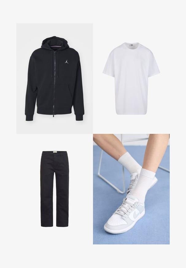 Čierna zip-up mikina vyrobená z mäkkej tkaniny, s kengurou vreckom, rebrovanými manžetami a bielym vyšitým logom na hrudi.; Biela bavlnená tričko s krátkymi rukávmi, okrúhlym výstrihom, uvoľneným strihom a žiadnymi viditeľnými logami alebo vzormi. Hladká textúra a minimálny dizajn.; Čierne bavlnené nohavice so strihom rovného nohu, s predným zapínaním na gombík, pútkami na opasok a minimálnym detailom.; Biele tenisky s svetlomodrými akcentmi, kožený zvršok, perforovaná špička, hrubé šnúrky a rebrové biele ponožky na modrom pozadí.