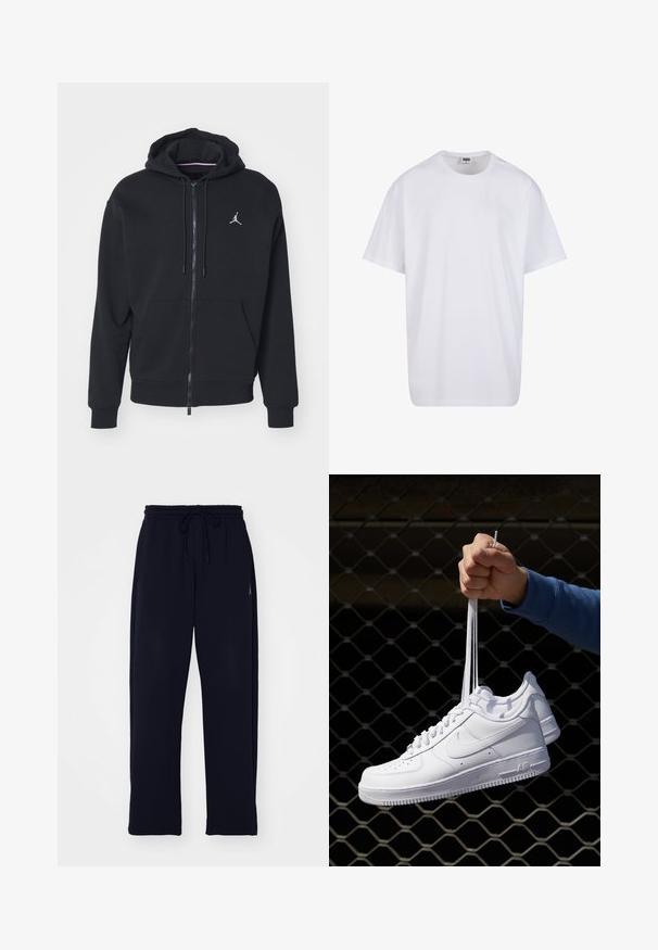 Schwarze Zip-Hoodie aus weichem Stoff, mit einer Kängurutasche, gerippten Bündchen und einem weißen gestickten Logo auf der Brust.; Weiße Baumwoll-T-Shirt mit kurzen Ärmeln, rundem Ausschnitt, lockerer Passform und ohne sichtbare Logos oder Muster. Glatte Textur und minimalistisches Design.; Schwarze Sweatpants aus weichem Stoff. Mit einem elastischen Bund und einem Kordelzug sowie seitlichen Taschen. Gerades Bein-Design.; Weiße Leder-Sneaker mit Perforationen, runder Zehenpartie, flacher Sohle und dicken Schnürsenkeln, mit sichtbar eingesticktem Swoosh-Logo und "AIR" an der Ferse.