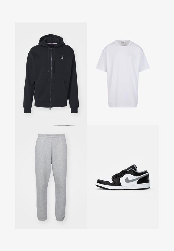 Černá zipová mikina vyrobená z měkké látky, se klokaní kapsou, ribbed manžetami a bílým vyšitým logem na hrudi.; Bílé triko z bavlny s krátkým rukávem, kulatým výstřihem, volným střihem a bez viditelných log či vzorů. Hladká textura a minimalistický design.; Šedé tepláky vyrobené z měkké látky, s elastickým pasem a užšími manžetami pro zúžený tvar. Bez viditelných kapes.; Jordan AIR JORDAN 1 LOW - Tenisky - black/particle grey-white