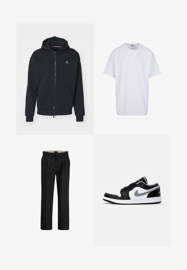 Sudadera con cremallera negra, hecha de un tejido suave, con un bolsillo tipo canguro, puños acanalados y un logo bordado en blanco en el pecho.; Camiseta blanca de algodón con mangas cortas, cuello redondo, corte relajado y sin logotipos ni patrones visibles. Textura suave y diseño minimalista.; Pantalones negros ajustados con una parte delantera plana, dos bolsillos laterales, una textura suave y un corte recto. Cuenta con lazos para cinturón para un estilo adicional.; Jordan AIR JORDAN 1 LOW - Zapatillas - black/particle grey-white