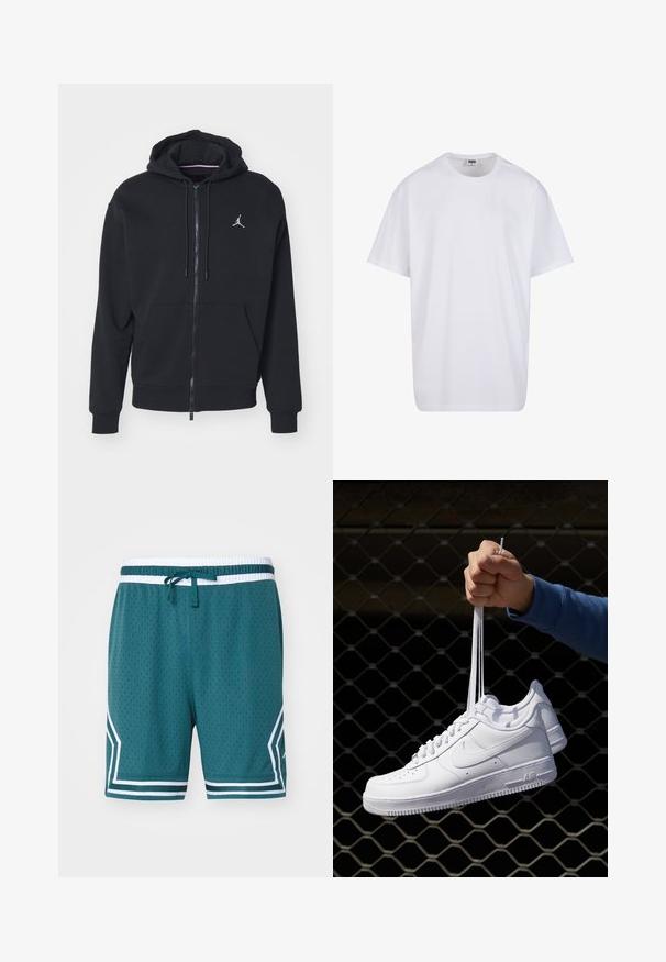 Sort zip-up hoodie lavet af blødt stof, med en kængurulomme, ribbede manchetter og et hvidt broderet logo på brystet.; Hvid bomulds t-shirt med korte ærmer, rund halsudskæring, afslappet pasform, og ingen synlige logoer eller mønstre. Glat tekstur og minimalistisk design.; Jordan DIAMOND SHORT - Korte sportsbukser - oxidized green/white; Hvide lædersneakers med perforeringer, rund tå, flad sål og tykke snørebånd, med et synligt swoosh-logo og "AIR" på hælen.
