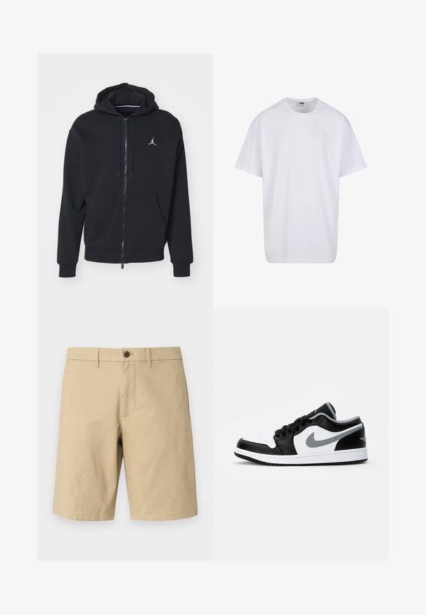 Sudadera con cremallera negra, hecha de un tejido suave, con un bolsillo tipo canguro, puños acanalados y un logo bordado en blanco en el pecho.; Camiseta blanca de algodón con mangas cortas, cuello redondo, corte relajado y sin logotipos ni patrones visibles. Textura suave y diseño minimalista.; GAP VINTAGE - Shorts - khaki; Jordan AIR JORDAN 1 LOW - Zapatillas - black/particle grey-white