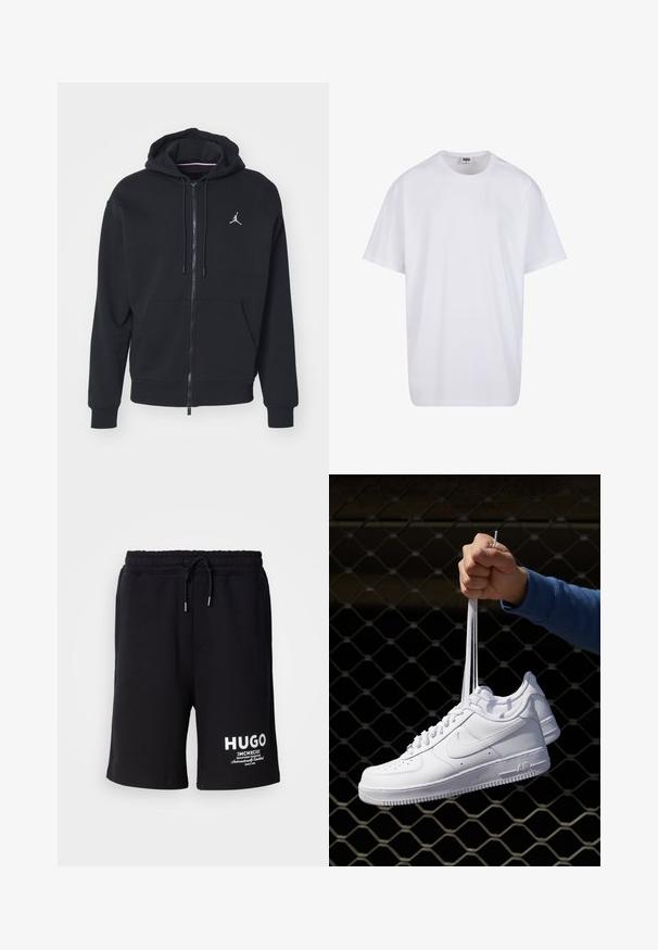 Mustapaita, jossa on vetoketju ja pehmeä kangas, varustettu kengurupussilla, ribattuilla hihansuilla ja valkoisella brodeeratulla logolla rinnassa.; Valkoinen puuvillainen t-paita, jossa on lyhyet hihat, pyöreä kaula-aukko, rento istuvuus ja ei näkyviä logoja tai kuvioita. Sileä pinta ja minimaalinen muotoilu.; Mustat puuvillahousut, joissa on joustava vyötärö ja nauhakuja. Valkoinen "HUGO" -logo vasemmassa jalassa. Yksinkertainen muotoilu, polvitason leikkaus.; Valkoiset nahkasneakersit, joissa on rei'ityksiä, pyöreä kärki, tasapohja ja paksut nauhat, joissa on näkyvä swoosh-logo ja "AIR" kantapäässä.