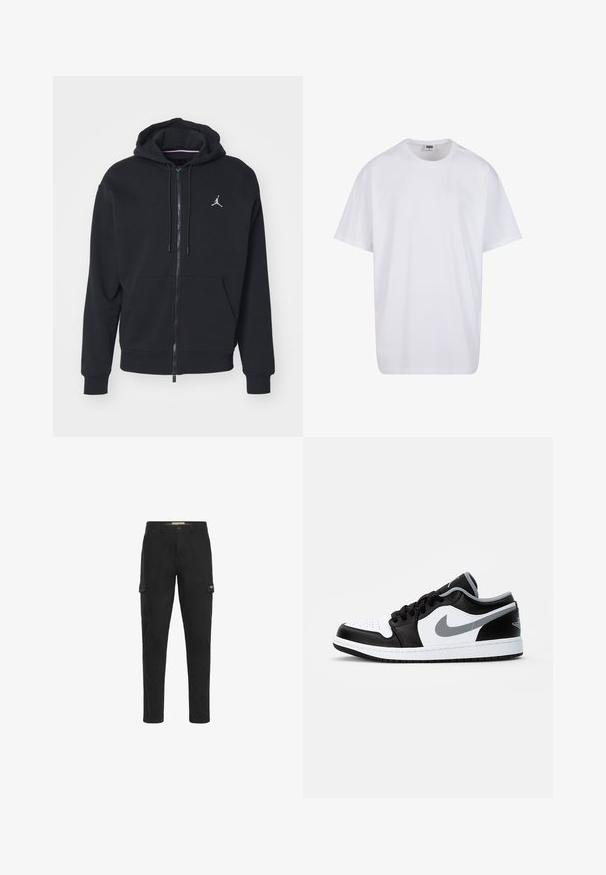 Schwarze Zip-Hoodie aus weichem Stoff, mit einer Kängurutasche, gerippten Bündchen und einem weißen gestickten Logo auf der Brust.; Weiße Baumwoll-T-Shirt mit kurzen Ärmeln, rundem Ausschnitt, lockerer Passform und ohne sichtbare Logos oder Muster. Glatte Textur und minimalistisches Design.; Schwarze Cargo-Hose mit schlankem Schnitt, ausgestattet mit zwei Seitentaschen und einer Gesäßtasche, aus strapazierfähigem Baumwollmaterial.; Jordan AIR JORDAN 1 LOW - Sneaker low - black/particle grey-white