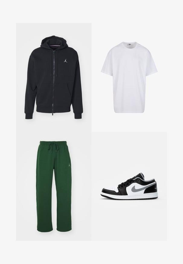 Black zip-up hoodie made from soft fabric, featuring a kangaroo pocket, ribbed cuffs, and a white embroidered logo on the chest.; White cotton t-shirt with short sleeves, rounded neckline, relaxed fit, and no visible logos or patterns. Smooth texture and minimal design.; Green sweatpants made of soft material with an elastic waistband, drawstring closure, and a small logo detail on the left thigh.; Jordan AIR JORDAN 1 LOW - Trainers - black/particle grey-white