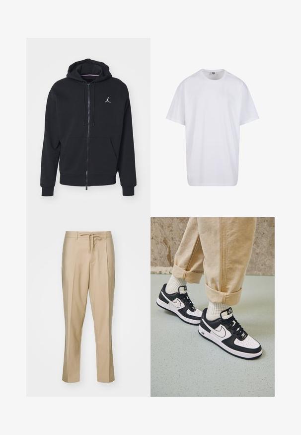 Must mustri zipperiga kapuutsiga, mis on valmistatud pehmest kangast, kangaroo taskuga, ribareitega mansettide ja valge tikitud logoga rinnal.; Valge puuvillane t-särk lühikeste varrukatega, ümmarguse kaelusega, lõdva lõikega ja ilma nähtavate logodeta või mustriteta. Sile tekstuur ja minimaalne disain.; Beežid kohandatud püksid, millel on lipsuvöö, sirged sääred ja kaks küljetaskut. Valmistatud siledast kangast, millel on teravad voldid.; Mustvalge Nike Air Force 1 tossud nahast pealsega, perforeeritud varbaga ja tekstuurse tallaga, kantud kergete beige pükstega, mille alumine serv on üles keeratud, ja valgete sokkidega.