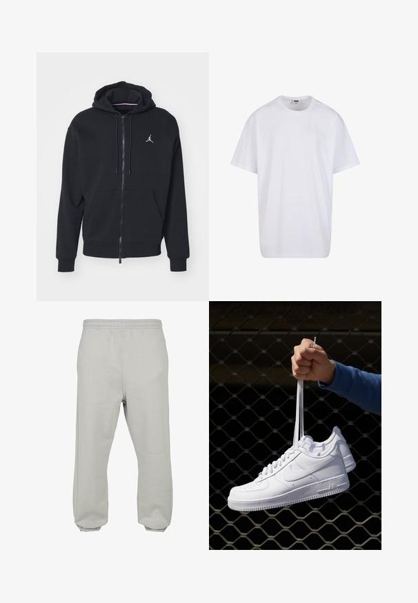 Zwarte zip-up hoodie gemaakt van zachte stof, met een kangoeroezak, geribde boorden en een wit geborduurd logo op de borst.; Witte katoenen t-shirt met korte mouwen, ronde hals, relaxte pasvorm en zonder zichtbare logo's of patronen. Gladde textuur en minimalistisch ontwerp.; Lichtgrijze joggingsbroek van zachte stof, met een elastische tailleband, taps toelopende pijpen en ribgebreide boorden voor een comfortabele pasvorm.; Witte leren sneakers met perforaties, ronde neus, vlakke zool en dikke veters, met een zichtbare swoosh-logo en "AIR" op de hiel.